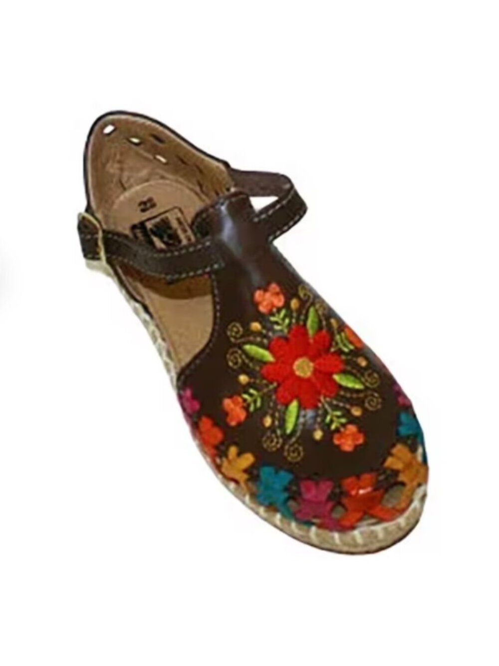 Ladies Closed Toe Genuine Authentic Mexican Leather / Flower Embroidery Sandals